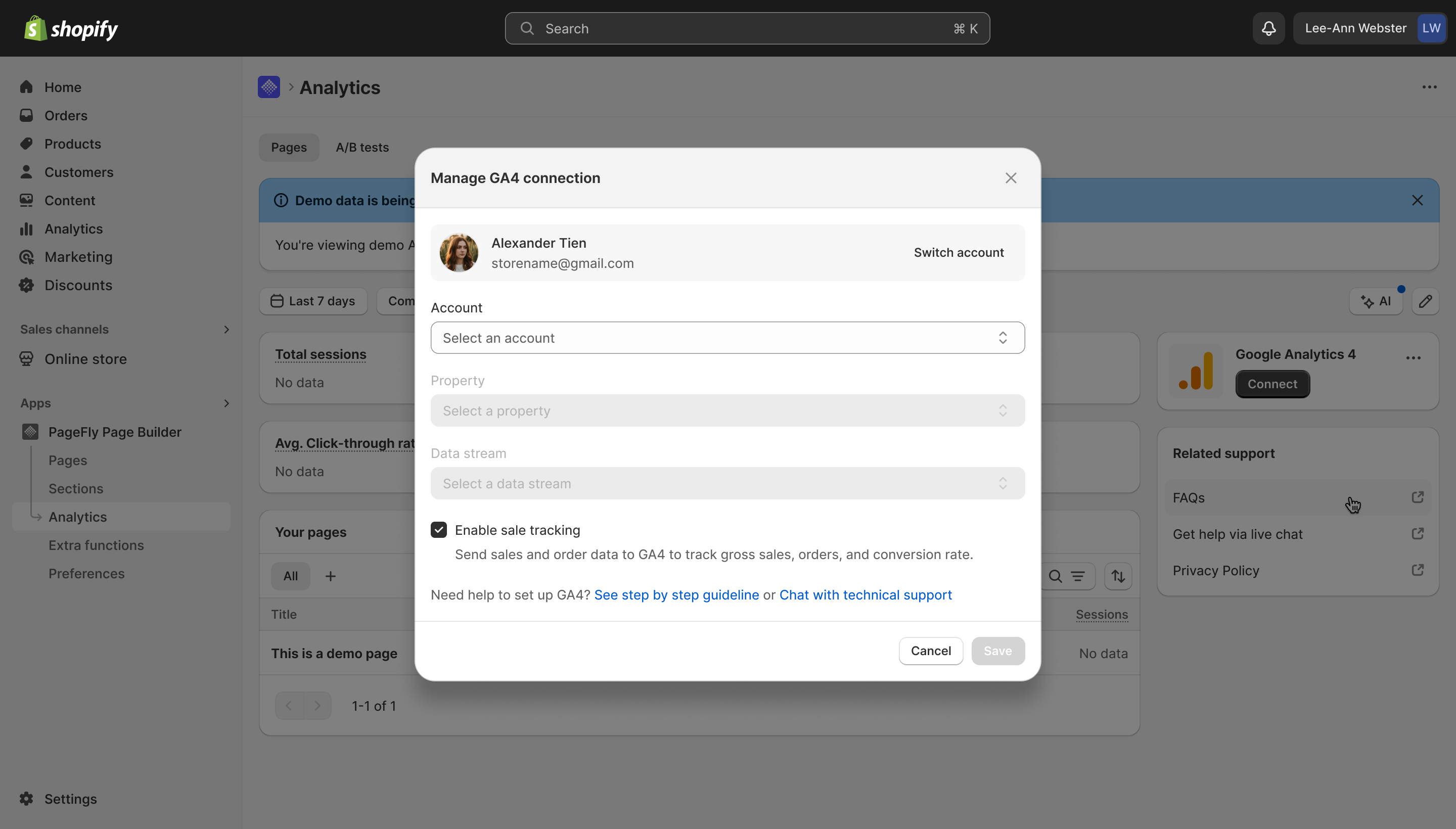 Connection modal showing Account, Property, and Data Stream dropdowns